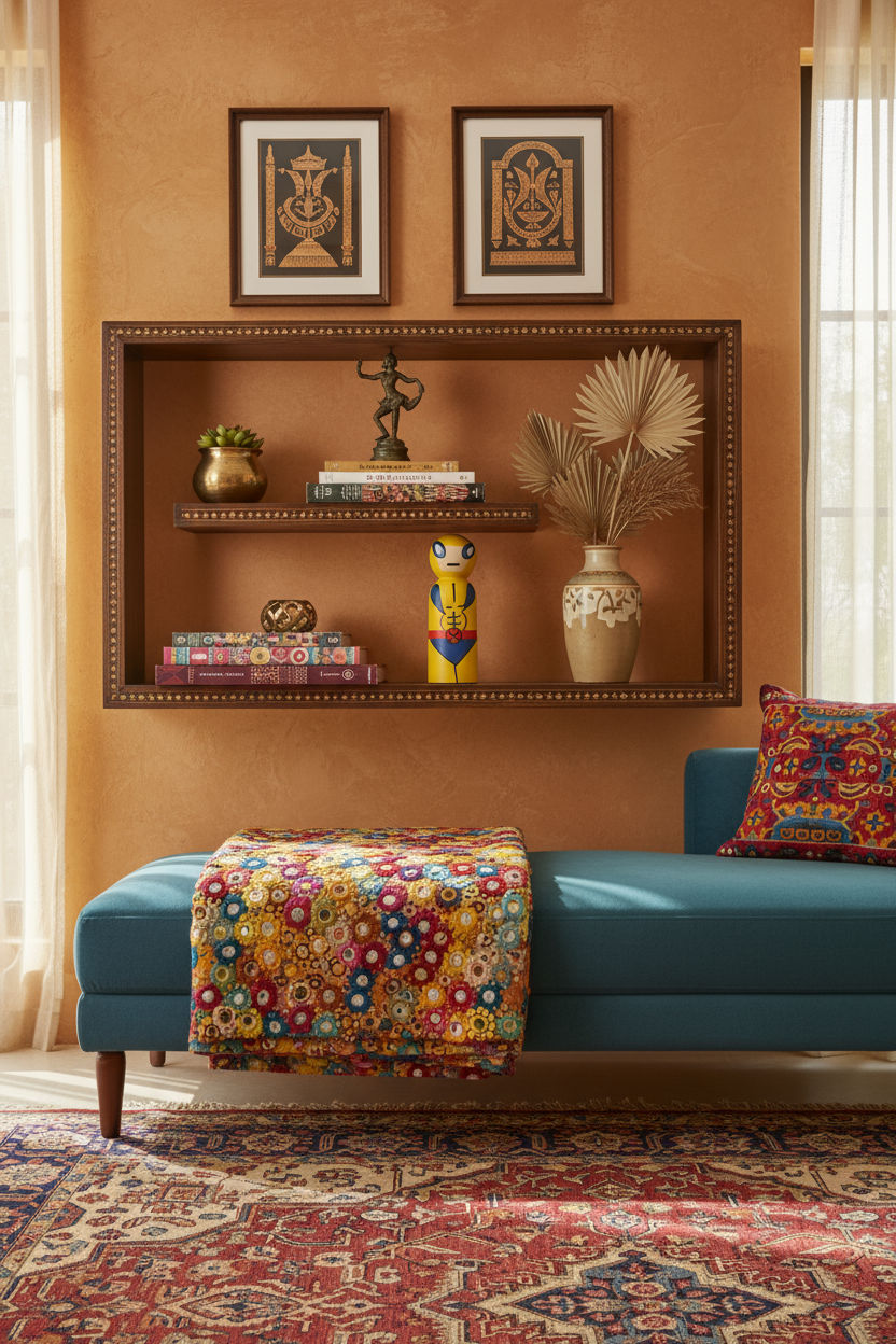 Yellow figurine with blue and red design on a white background