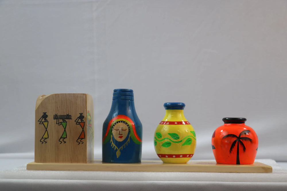Channapatna Wooden Pot Set with Pen Stand – Handcrafted Desk & Home Decor Wooden Lacquerware&toys
