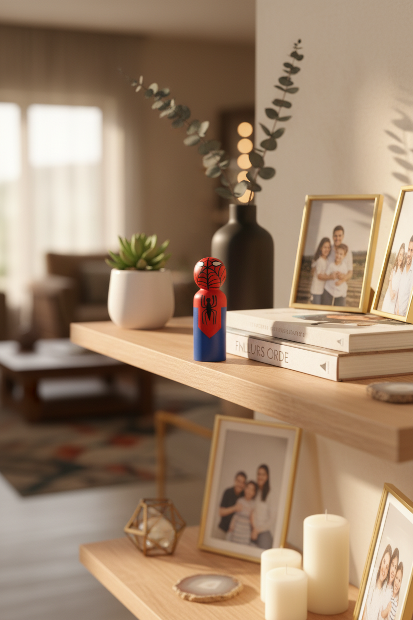 Toy figure with blue and red design on a white background