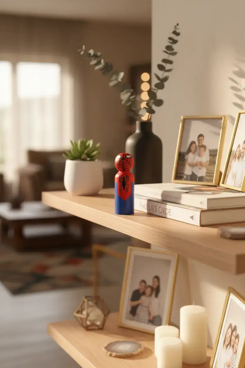 Toy figure with blue and red design on a white background