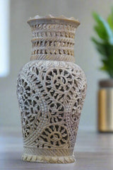 Decorative Flower Vase with Jali Artwork – Artisan Carved Home Accent Bachcha Lal