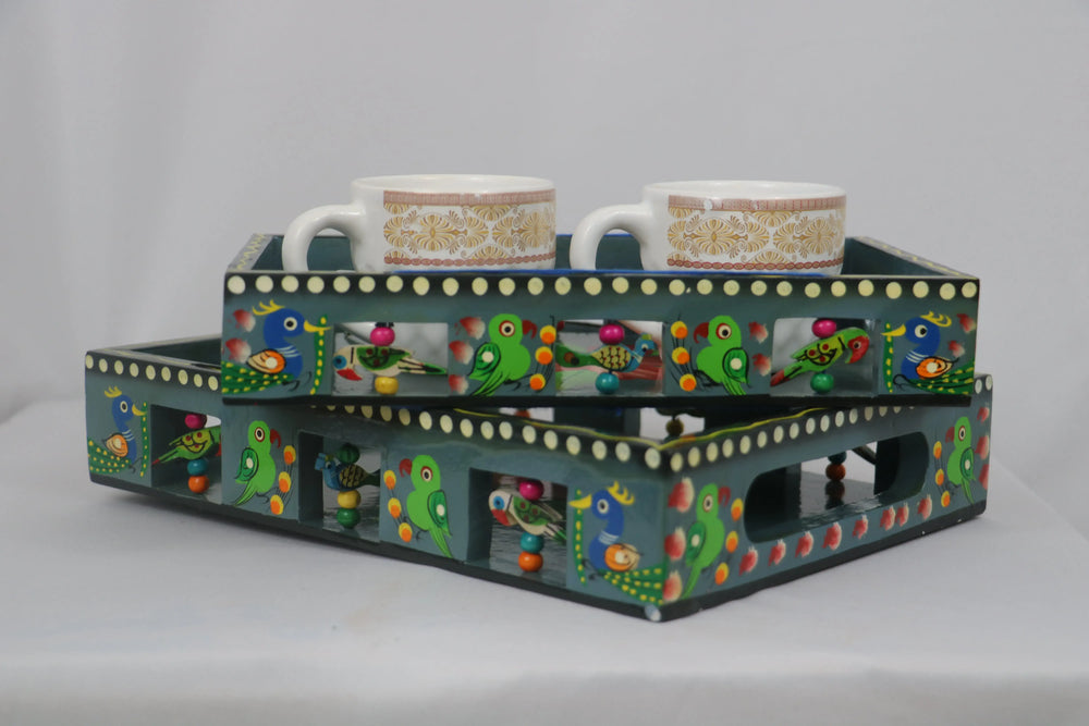 Artisan Hand-Painted Tray – Wooden Decorative Tray for Tea & Snacks Wooden Lacquerware