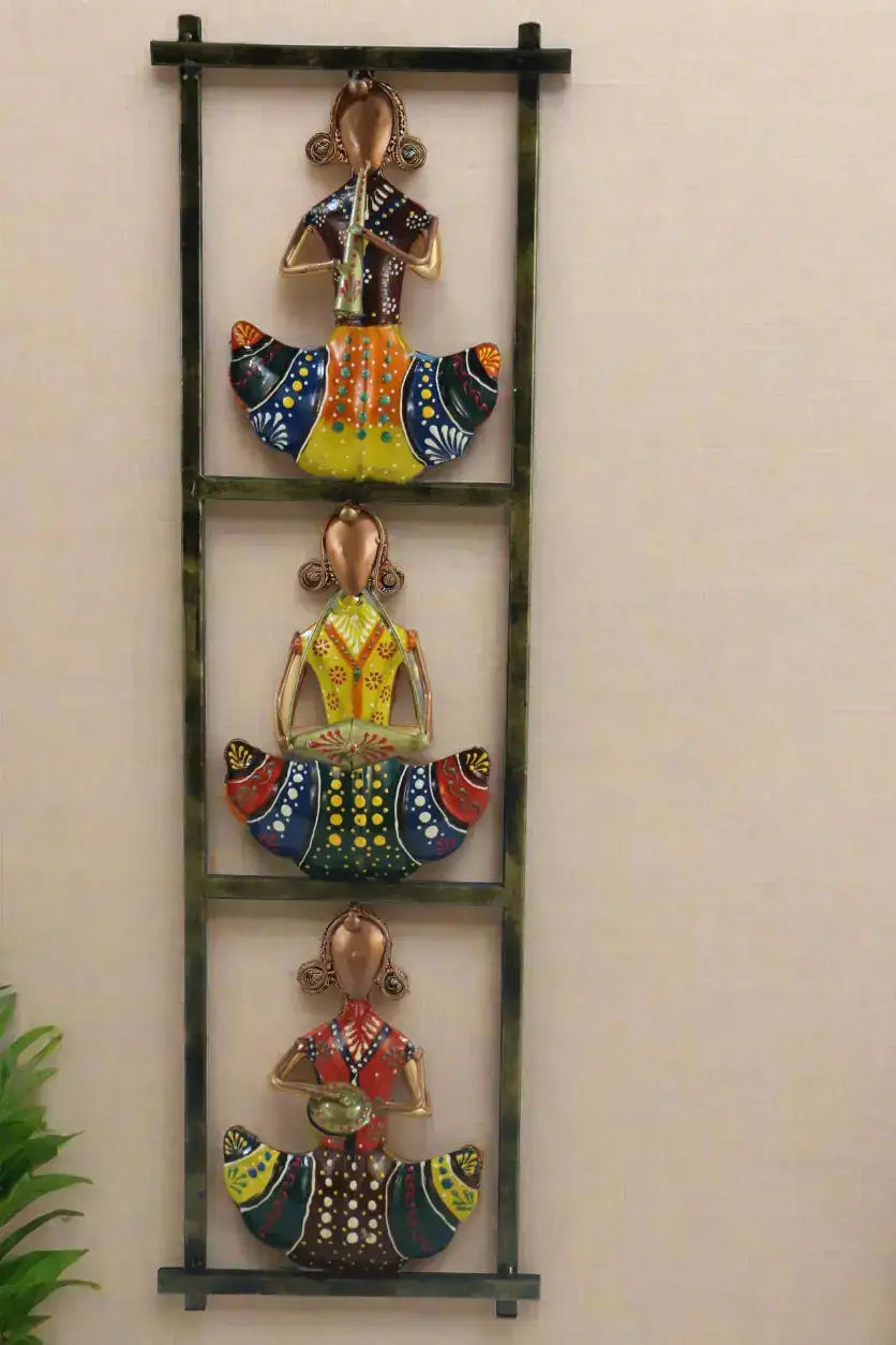 Iron Hand Painted Rajasthani Lady Wall Hanger Set Of 3 Iron Decorative