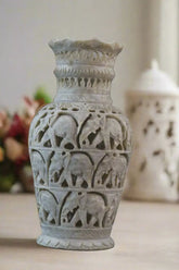 Decorative Flower Vase with Jali Artwork – Artisan Carved Home Accent Bachcha Lal