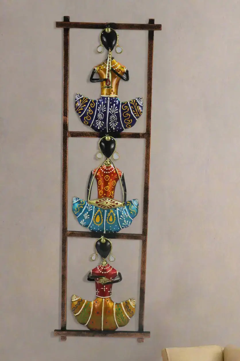 Iron Hand Painted Rajasthani Lady Wall Hanger Set Of 3 Iron Decorative