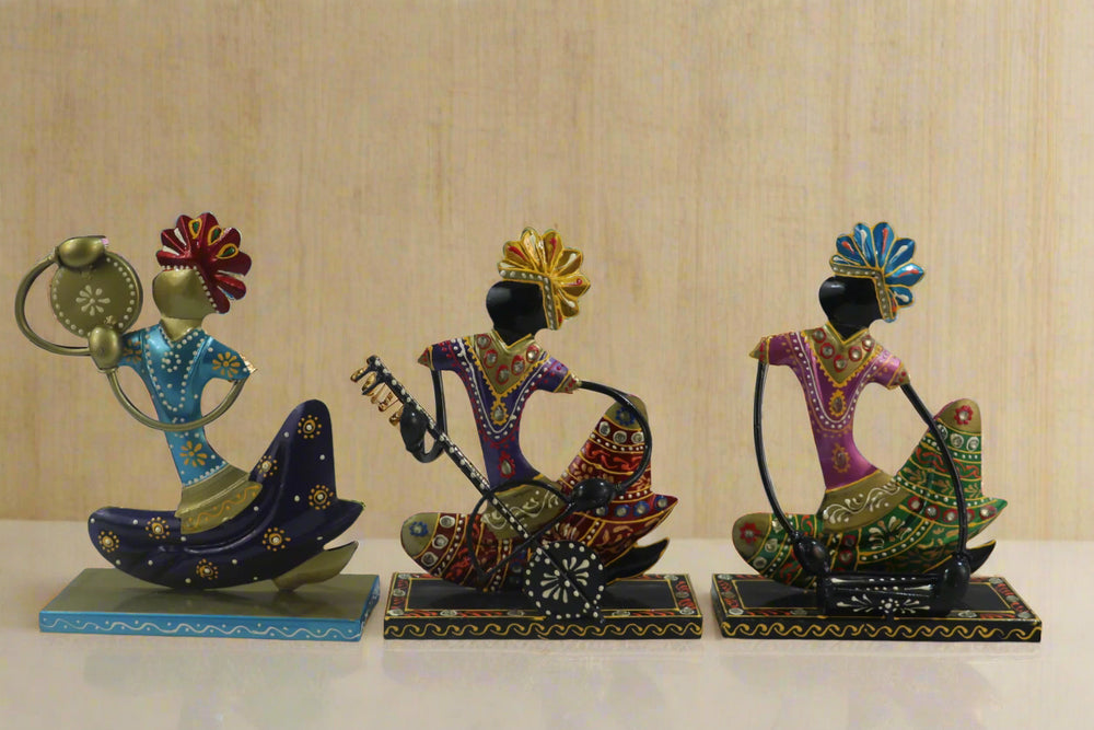 Iron Multicolor Antique Musician Set of 3 Decorative Showpiece Iron Decorative