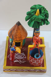 Channapatna Village Life Series – Man and Woman at Well (Wooden Toy Art)
