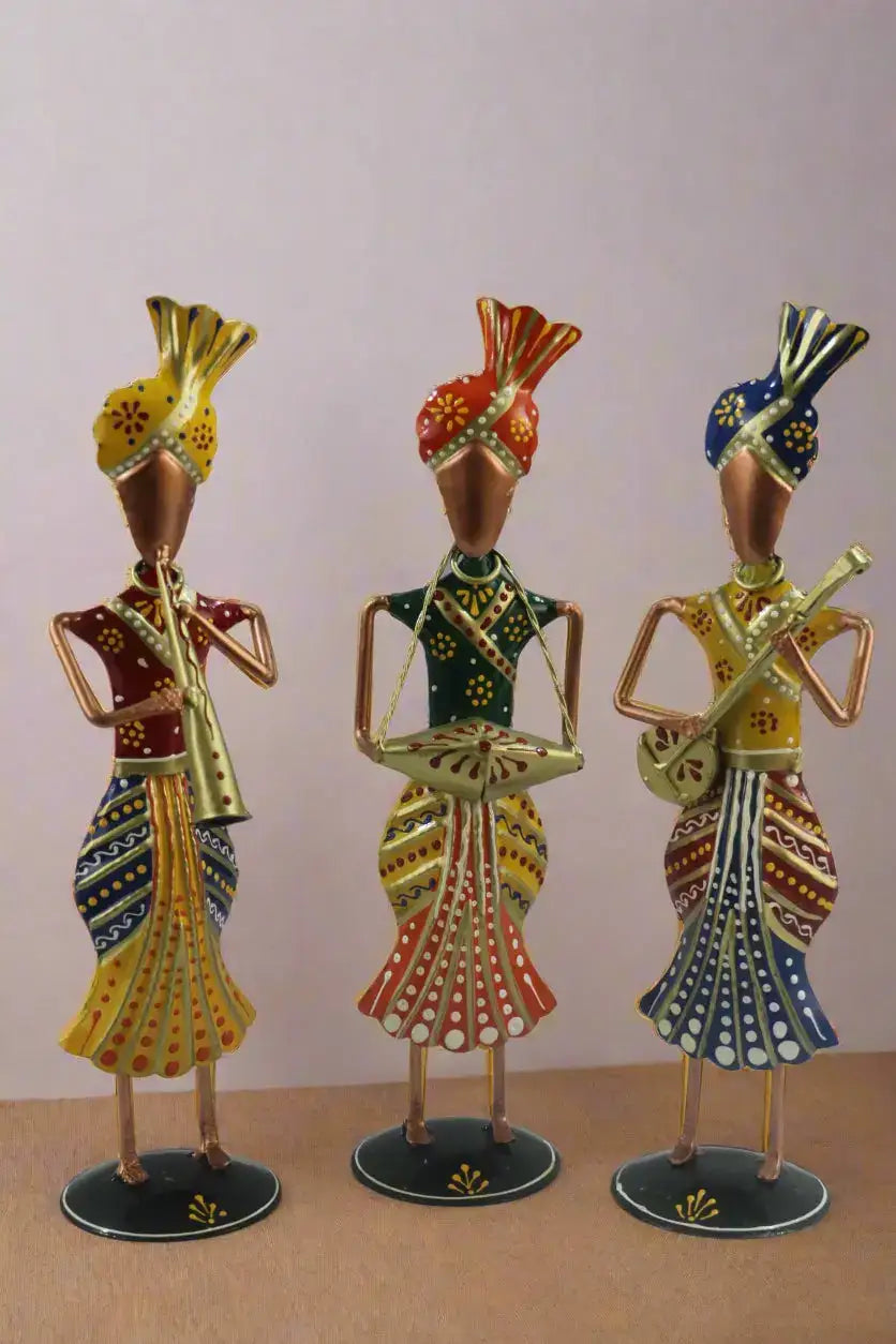Iron Handpainted Sardar Musician Standing Set of 3 Decorative Showpiece Iron Decorative