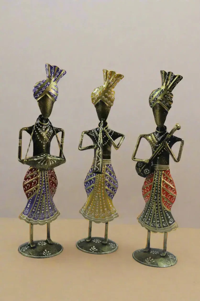 Iron Handpainted Sardar Musician Standing Set of 3 Decorative Showpiece Iron Decorative