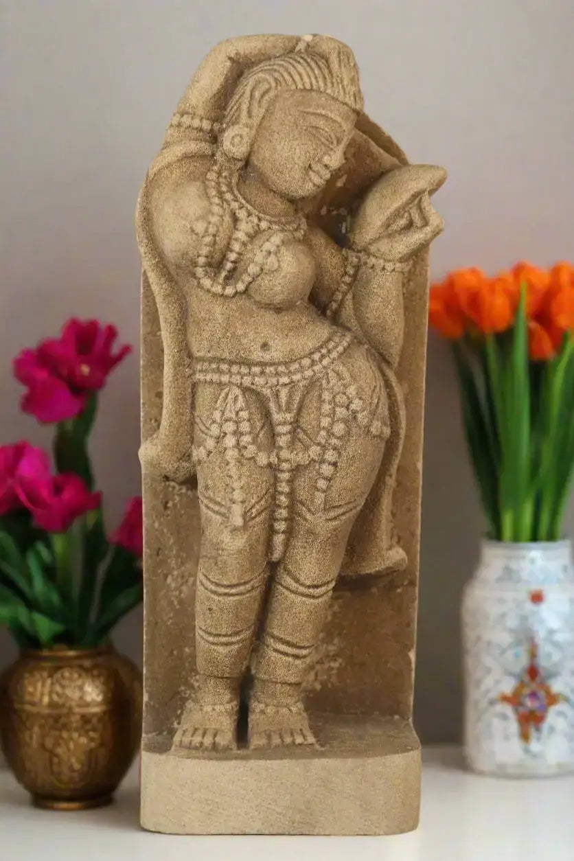 A Lady Adorning Herself with a Mirror Sand Stone