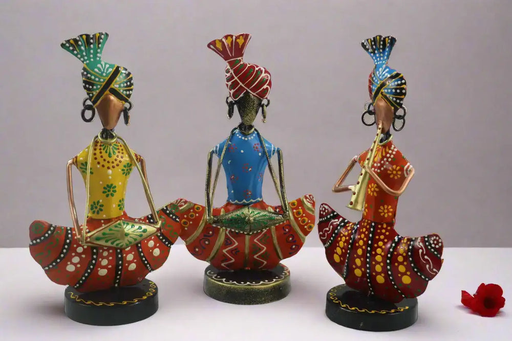 Iron Multicolor Sitting Sardar Musician Set of 3 Decorative Showpiece Iron Decorative