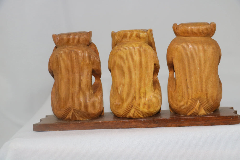 Hand-Carved Three Wise Monkeys Sculpture | Traditional Wooden Art maruthi handicrafts