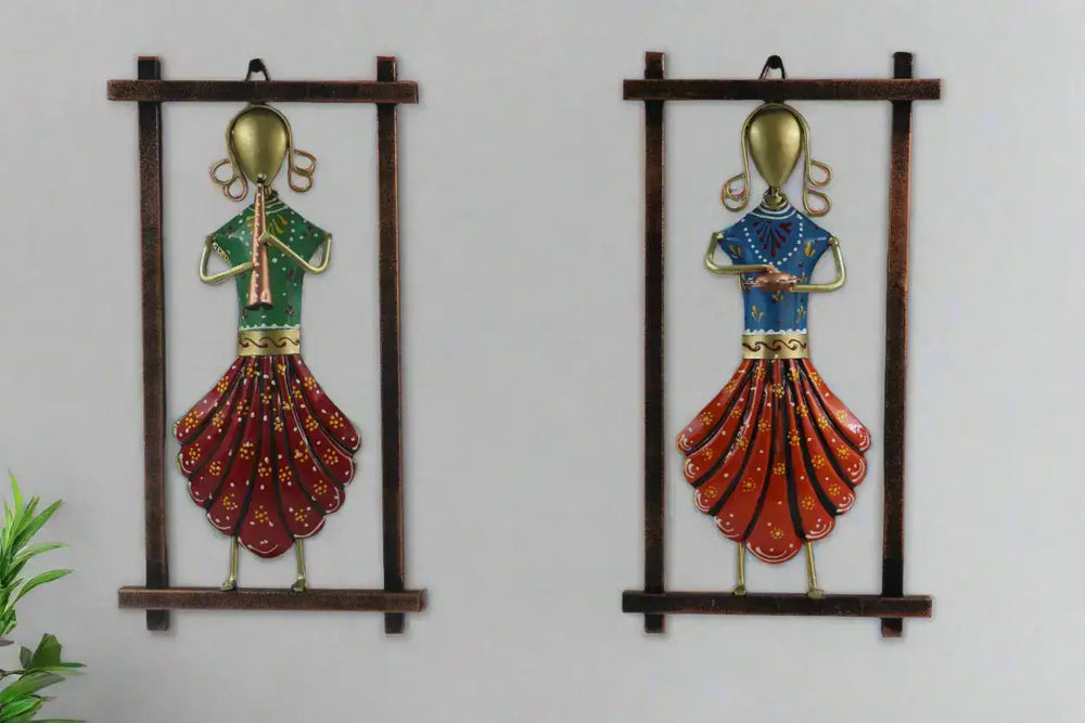 Iron Hand Painted Lady Rajasthani Musicians Wall Hangers Set of 2 Iron Decorative