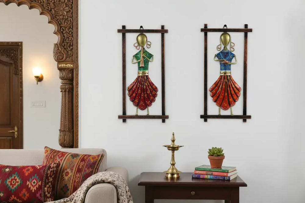 Iron Hand Painted Lady Rajasthani Musicians Wall Hangers Set of 2 Iron Decorative