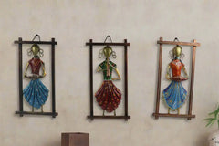 Iron Hand Painted Lady Rajasthani Musicians Wall Hangers Set of 3 Iron Decorative
