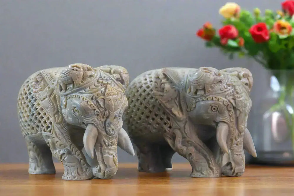 Pair of Elephants in Soft Stone – Intricate Jali Carving Handcrafted Artwork Bachcha Lal