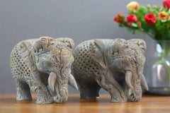 Pair of Elephants in Soft Stone – Intricate Jali Carving Handcrafted Artwork Bachcha Lal