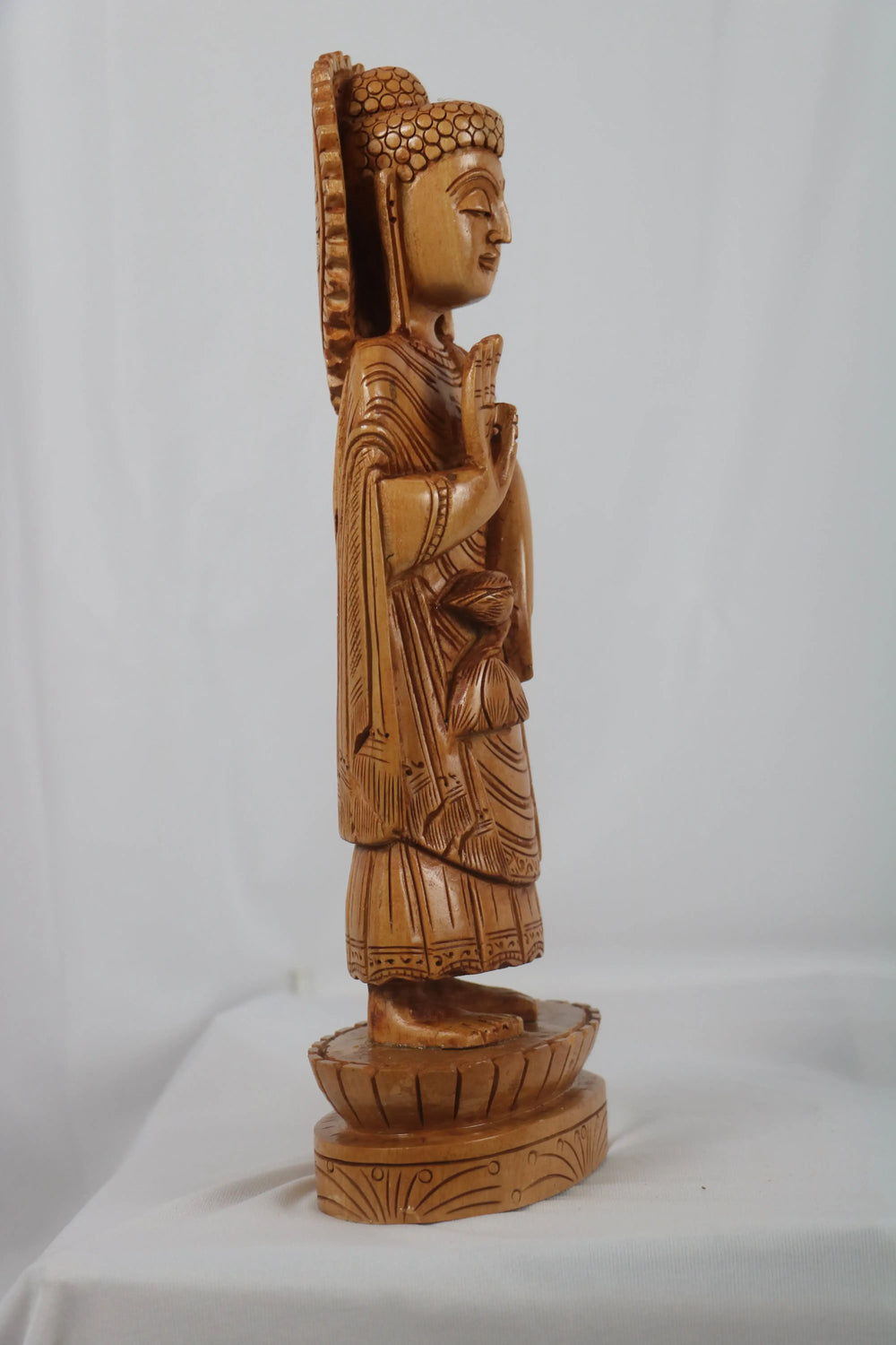 Wooden Carved Standing Buddha with Head Background maruthi handicrafts