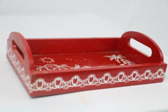 Hand-Painted Wooden Cow Printed Tray – Red Decorative Serving Tray