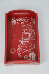 Hand-Painted Wooden Cow Printed Tray – Red Decorative Serving Tray