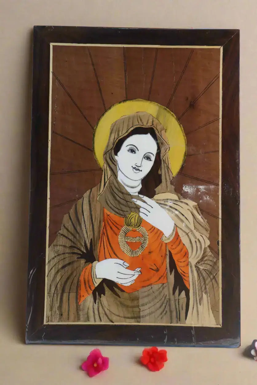Mother Mary (Mary Mata) in Rosewood Inlay – Handcrafted Spiritual Wall Frame Arun