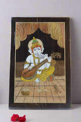 Ganesh in Temple Scene – Wooden Inlay Spiritual Artwork for Home & Office