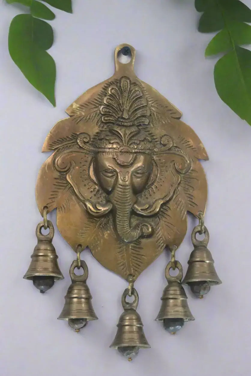 Elegant Brass Ganesha on Leaf With Bells – Spiritual Wall Hanging Brass Ware