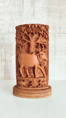 Intricate Cylindrical Wooden Carving with Ganesha and Sacred Cow Scenes
