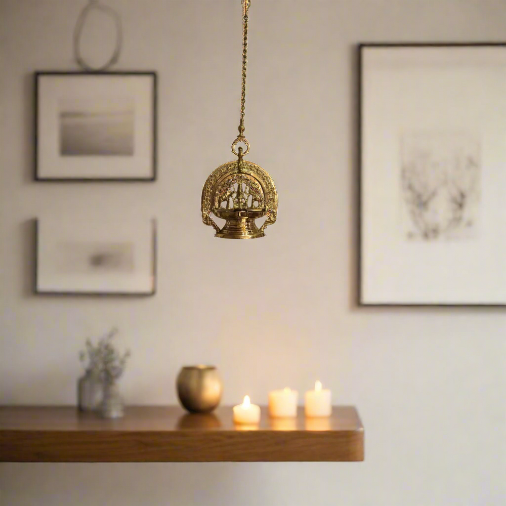 Hanging Bronze Deepam with Lakshmi Idol – Auspicious Temple Decor pooja accessories