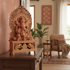 Wooden deity statue with intricate carvings on a white background