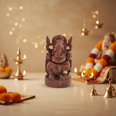 Wooden Ganesh Sitting in Chair | Hand-Carved Spiritual Statue