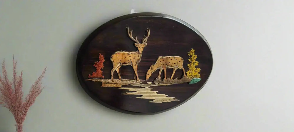 Tranquil Deer Silhouette – Handcrafted Oval Rosewood Inlay Artwork Inlay Art