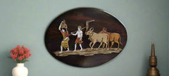 Farmer with Bull and Landscape – Oval Rosewood Inlay Frame