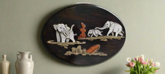 Nature’s Bond - Elephant Family in Oval Rosewood Inlay Inlay Art