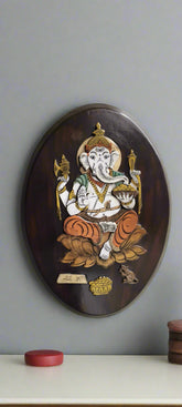 Lotus-Seated Ganesh – Exquisite Oval Rosewood Inlay Frame