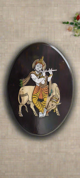 Divine Krishna with Cow in Rosewood Oval Inlay Frame