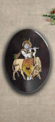 Divine Krishna with Cow in Rosewood Oval Inlay Frame