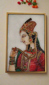 Rajasthan Maharani in Crimson and Gold Marbel Painting Paintings