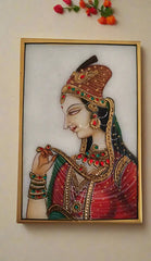 Rajasthan Maharani in Crimson and Gold Marbel Painting Paintings