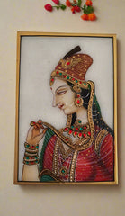 Rajasthan Maharani in Crimson and Gold Marbel Painting
