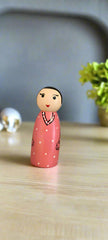 Wooden Girl Peg Doll – Green Dress with Pink Dots