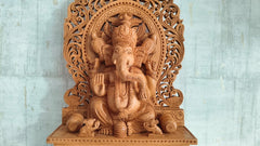 Grand Hand-Carved Wooden Ganesha Sculpture on Pedestal with Prabhavali and Mushaks