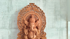 Grand Hand-Carved Wooden Ganesha Sculpture on Pedestal with Prabhavali and Mushaks