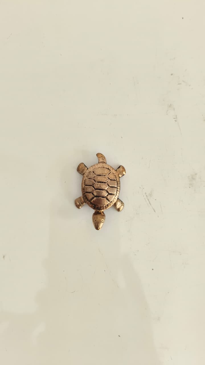 Small bronze turtle figurine with detailed shell pattern on a white background.