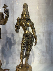 Brass Vishnu Lakshmi Bhudevi Statue Set – Antique Finish Hindu Deity Trio Idol