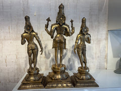 Brass Vishnu Lakshmi Bhudevi Statue Set – Antique Finish Hindu Deity Trio Idol