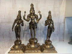 Brass Vishnu Lakshmi Bhudevi statue set – handcrafted antique finish Hindu deity idols for home temple