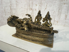 Brass Vishnu Ananta Shesha Statue – Lord Vishnu Resting with Goddess Lakshmi & Bhudevi