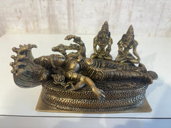 Brass Vishnu Ananta Shesha Statue – Lord Vishnu Resting with Goddess Lakshmi & Bhudevi