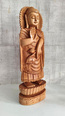 Standing Hand-Carved Wooden Buddha Statue in Abhaya Mudra